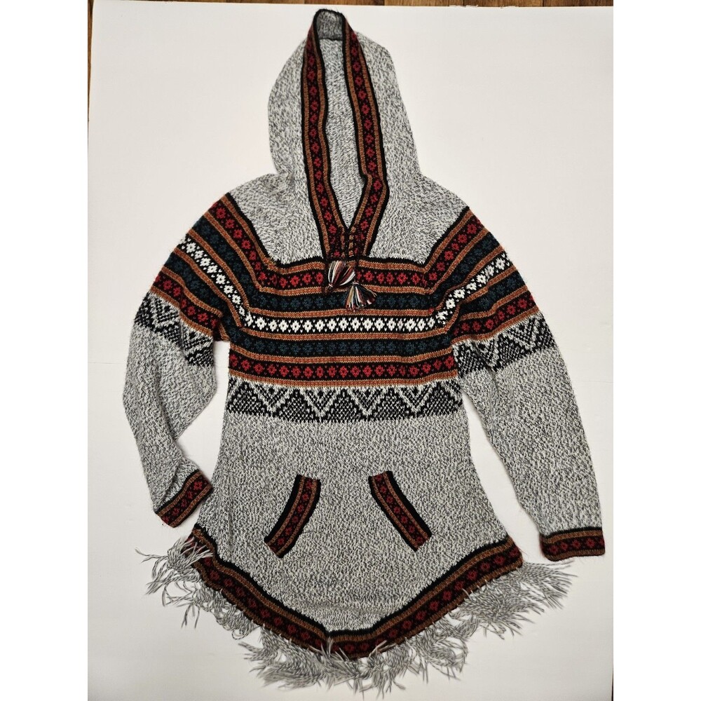 Artesania Edin Gray Multicolor Alpaca Hooded Pullover Sweater Fringed Hem Peru